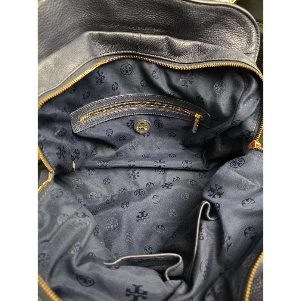 Tory Burch Link-Chain Shoulder Tote Bag Navy Blue Pebbled Leather Gold Large